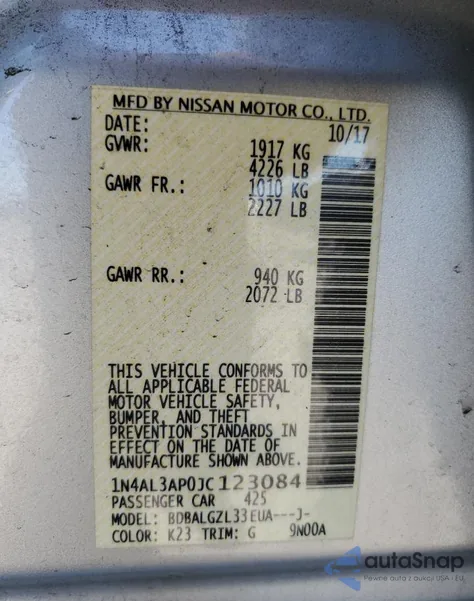 2018 Nissan Altima 2.5 from USA, damaged, VIN 1N4AL3AP0JC123084